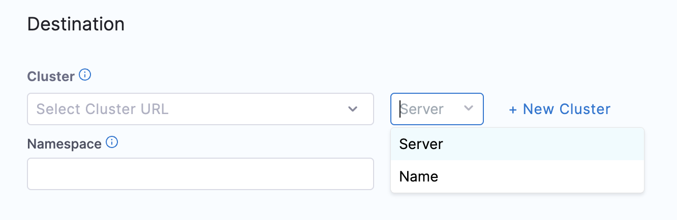 Screenshot showing the GitOps Application Destination configuration with cluster selection and namespace field